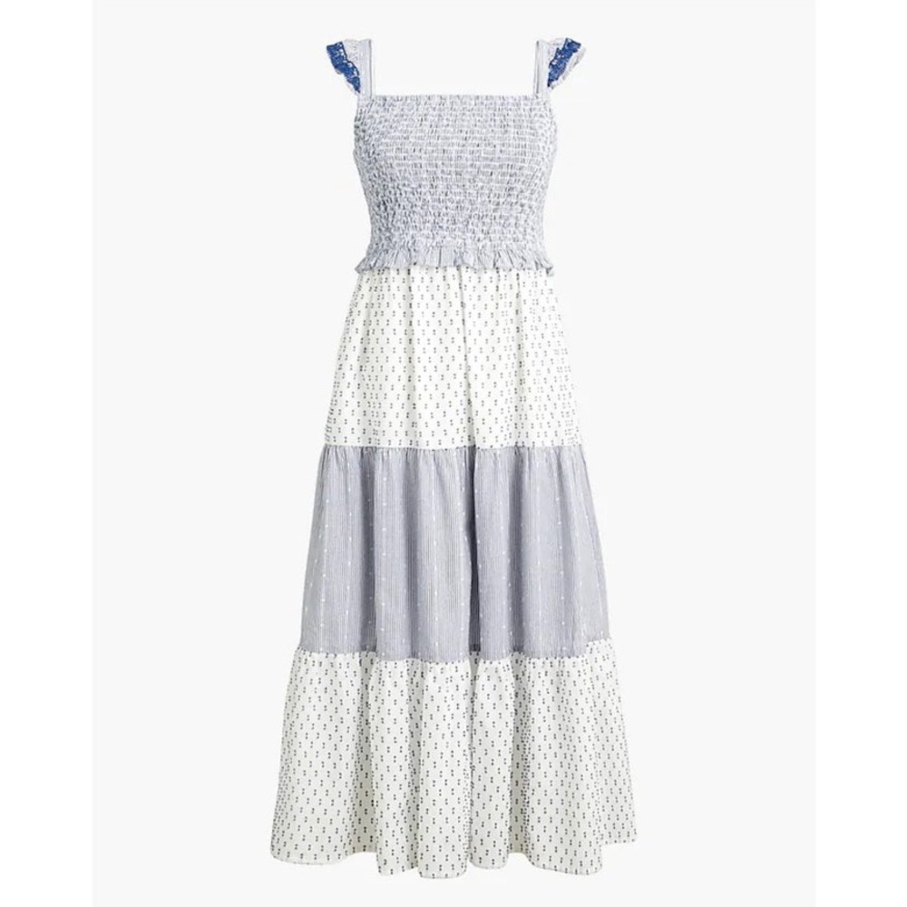 J Crew Blue Smocked Clip Dot Lined Pockets Midi Sleeveless Dress size medium NWT
